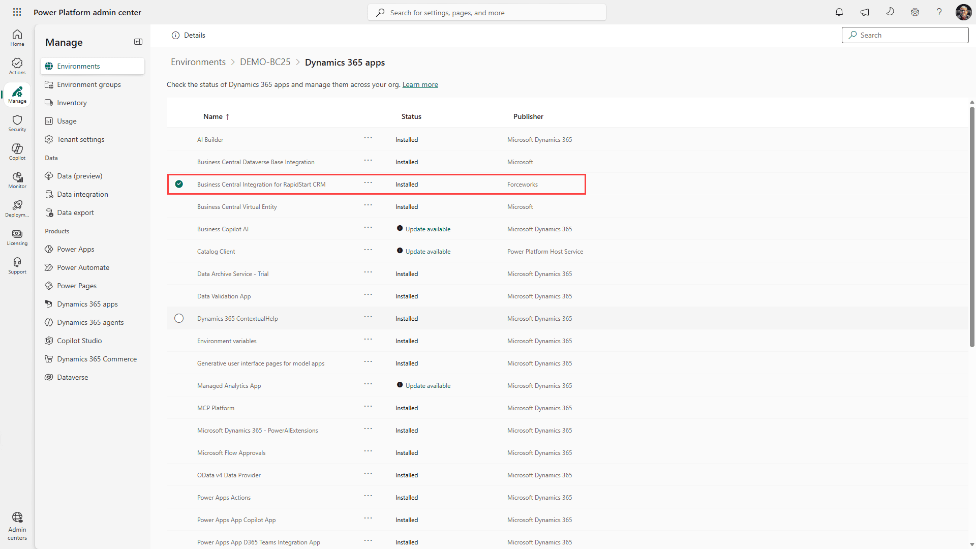 Business Central Addon installeret i AppSource