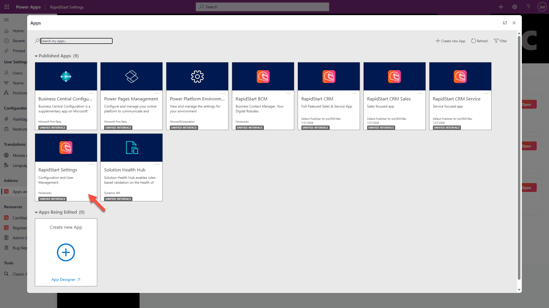 RapidStart CRM app vælger, der viser RapidStart Settings App