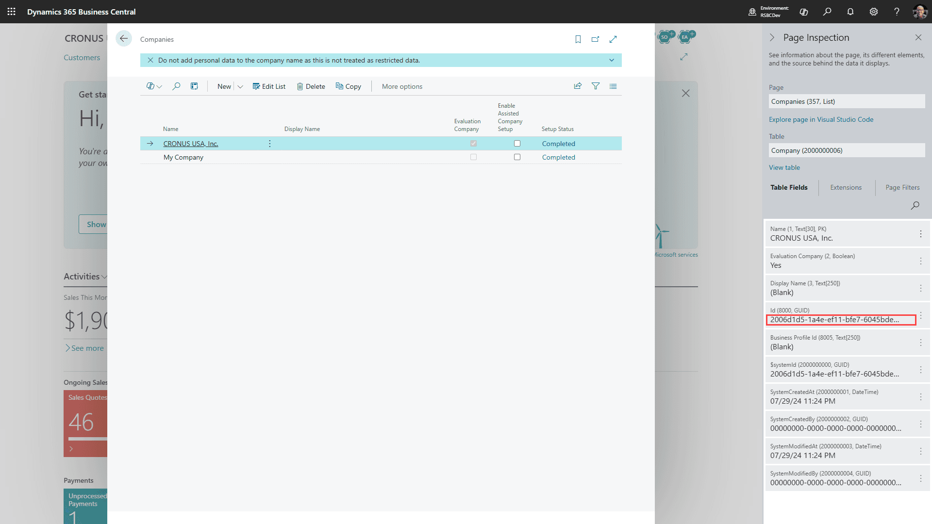 Business Central Virksomheders sideinspektion, der viser virksomheds-ID
