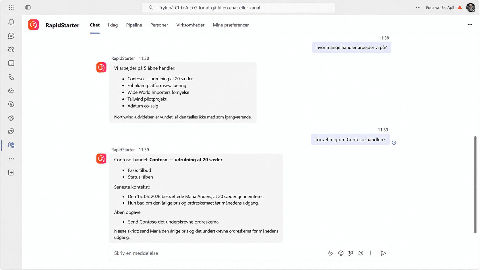 RapidStarter-chat inde i Microsoft Teams, der besvarer kunde- og aftalespørgsmål.