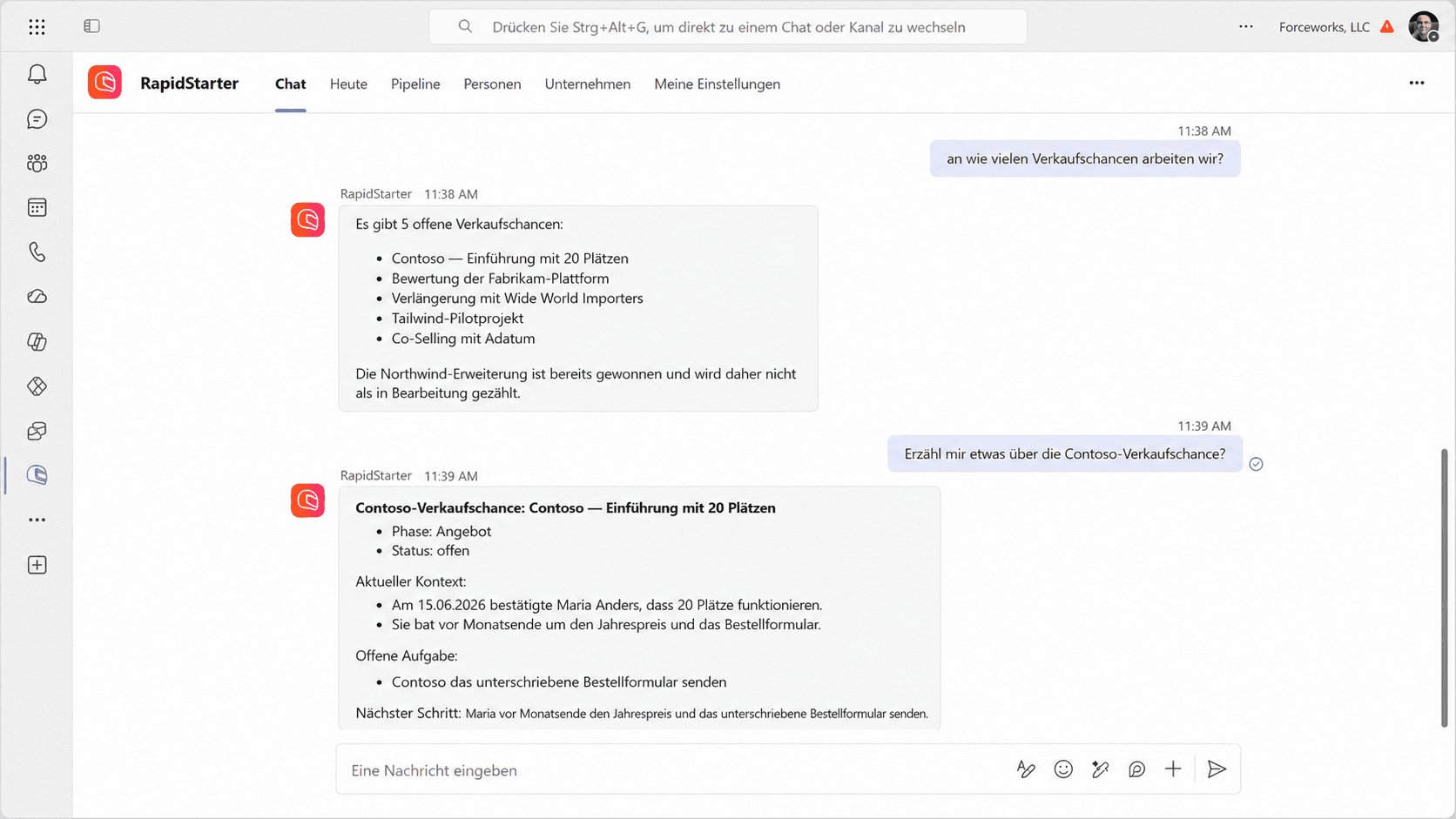 RapidStarter-Chat in Microsoft Teams zur Beantwortung von Kunden- und Geschäftsfragen.