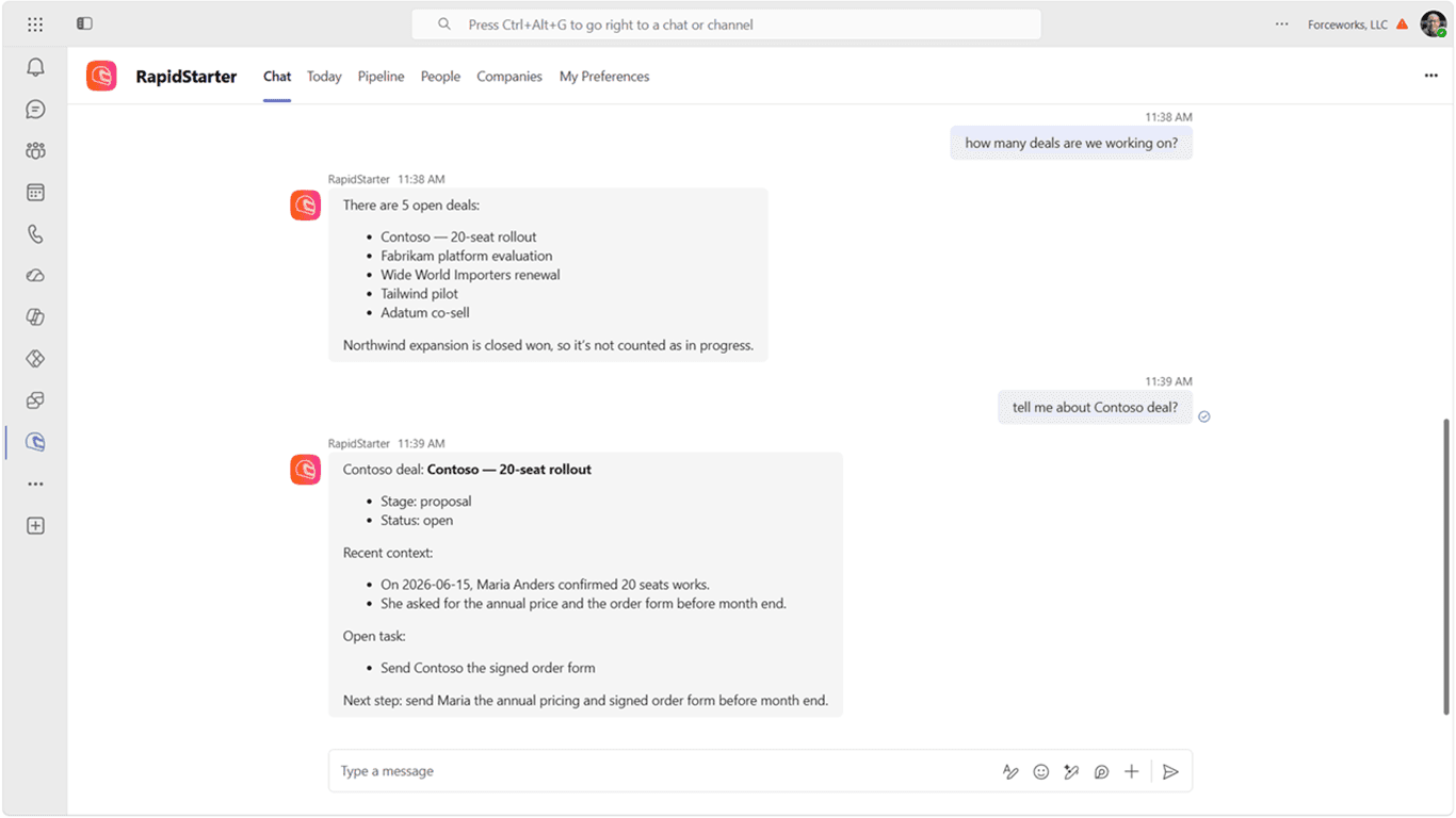 RapidStarter chat inside Microsoft Teams answering customer and deal questions.