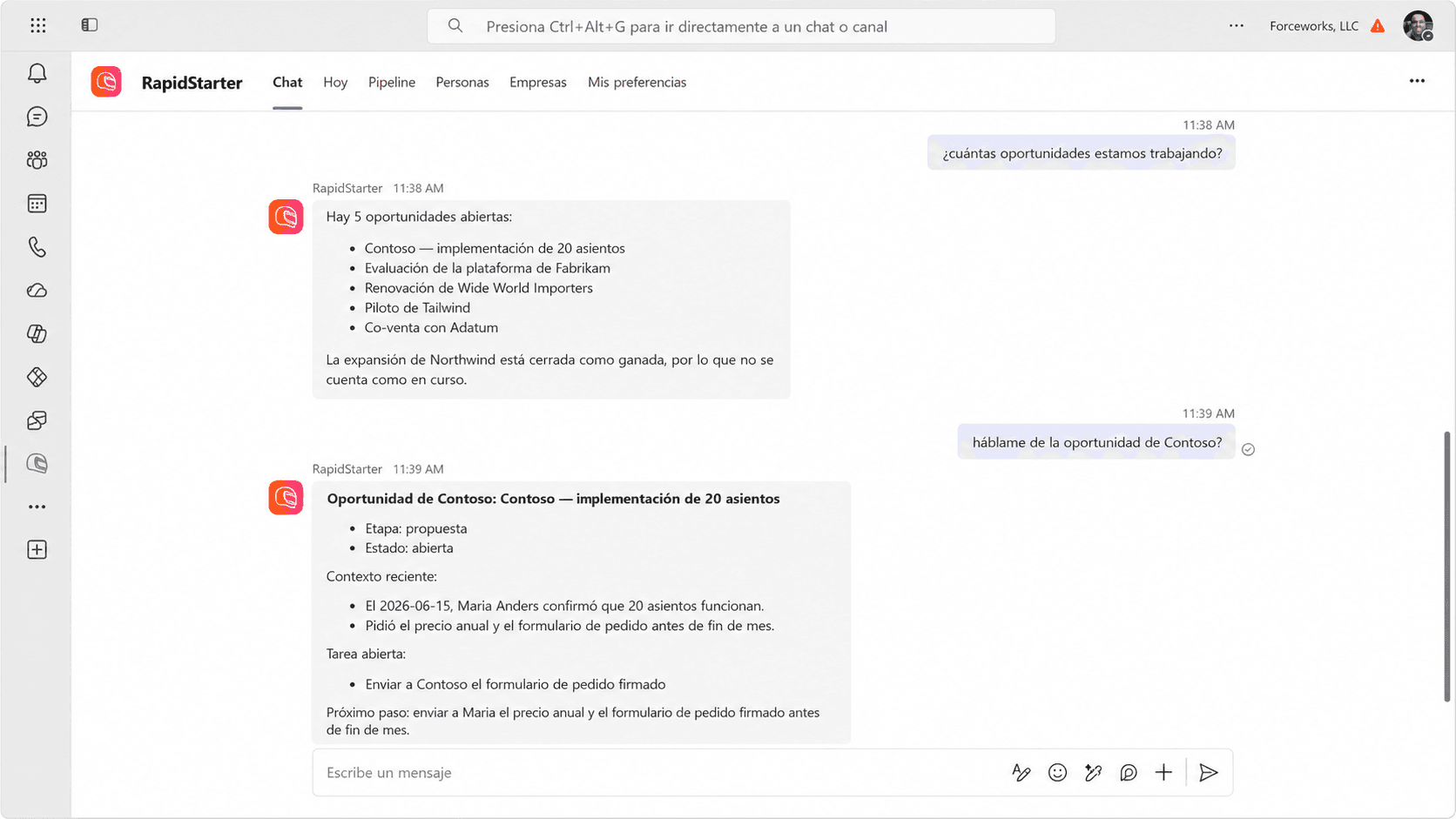 Chat RapidStarter dentro de Microsoft Teams respondiendo preguntas de clientes y ofertas.