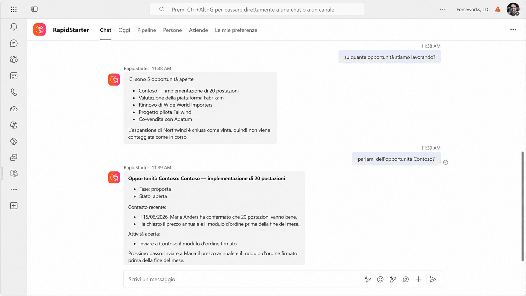 Chat di RapidStarter all'interno di Microsoft Teams che risponde alle domande dei clienti e delle trattative.