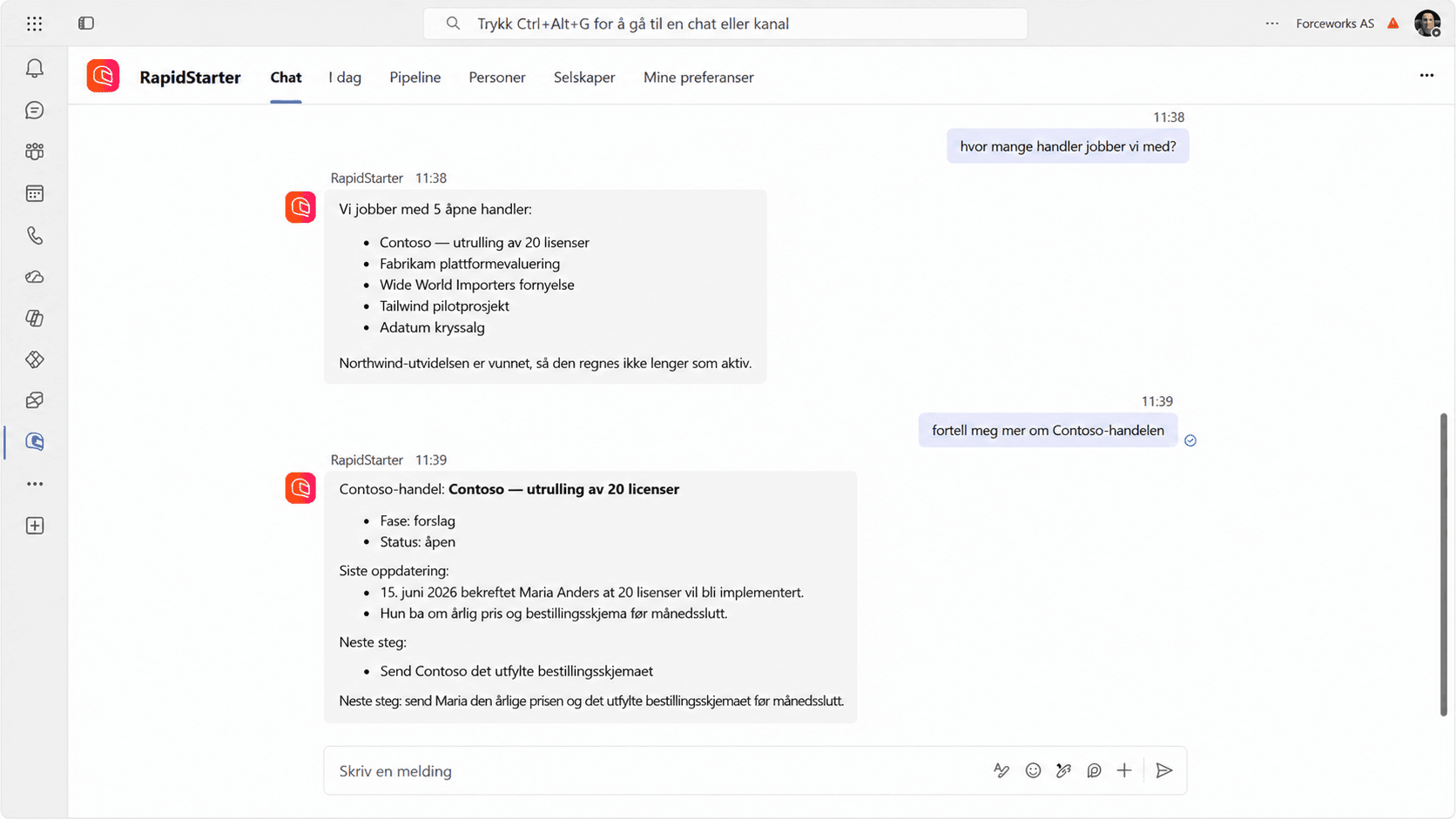 RapidStarter chat inne i Microsoft Teams som svarer på spørsmål fra kunder og avtaler.