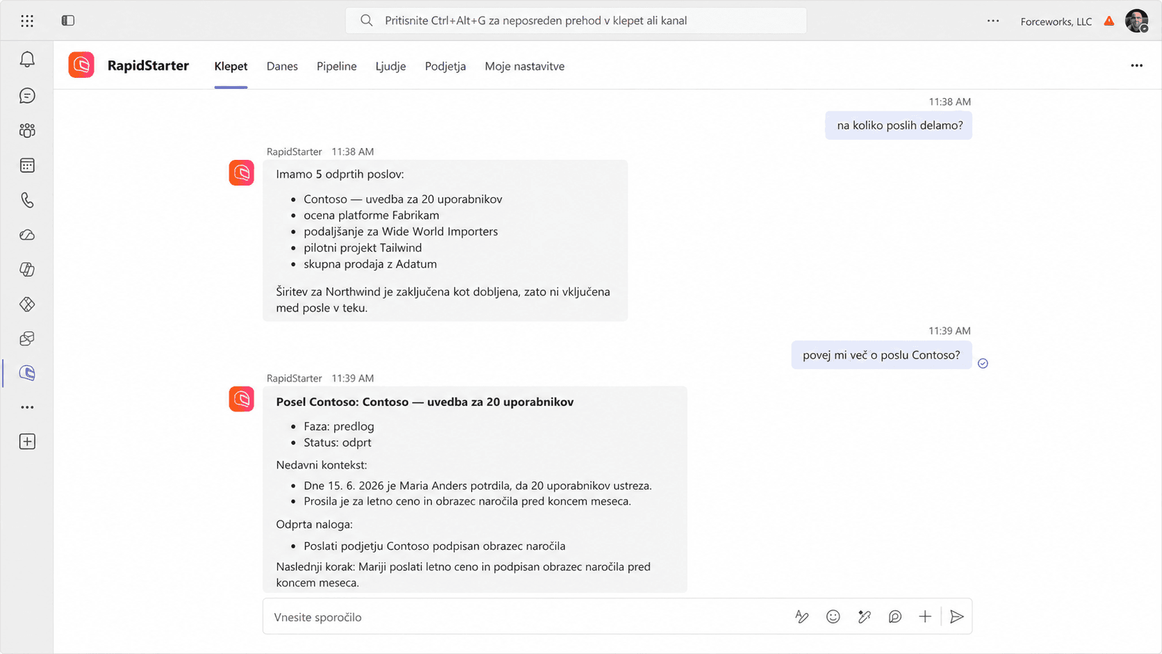 Chat do RapidStarter dentro do Microsoft Teams a responder a perguntas sobre clientes e oportunidades.