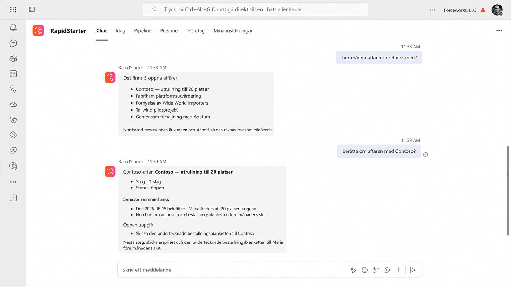 RapidStarter-chatt i Microsoft Teams svarar på kund- och affärfrågor.
