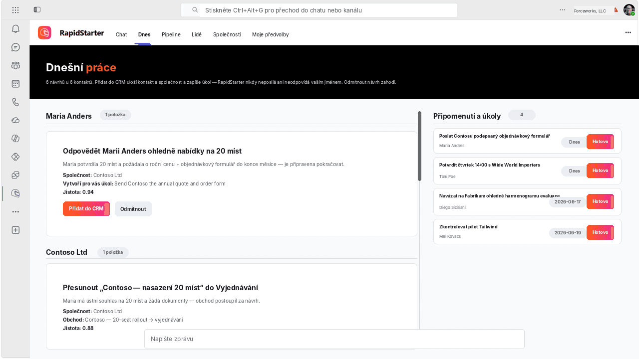 Zobrazení RapidStarter Today v Microsoft Teams zobrazující navrhované aktualizace CRM a připomenutí.