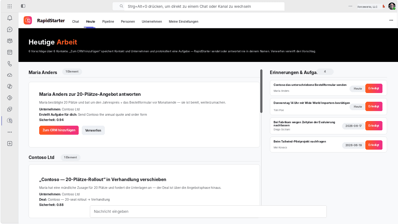 RapidStarter-Heute-Ansicht in Microsoft Teams mit vorgeschlagenen CRM-Updates und Erinnerungen.