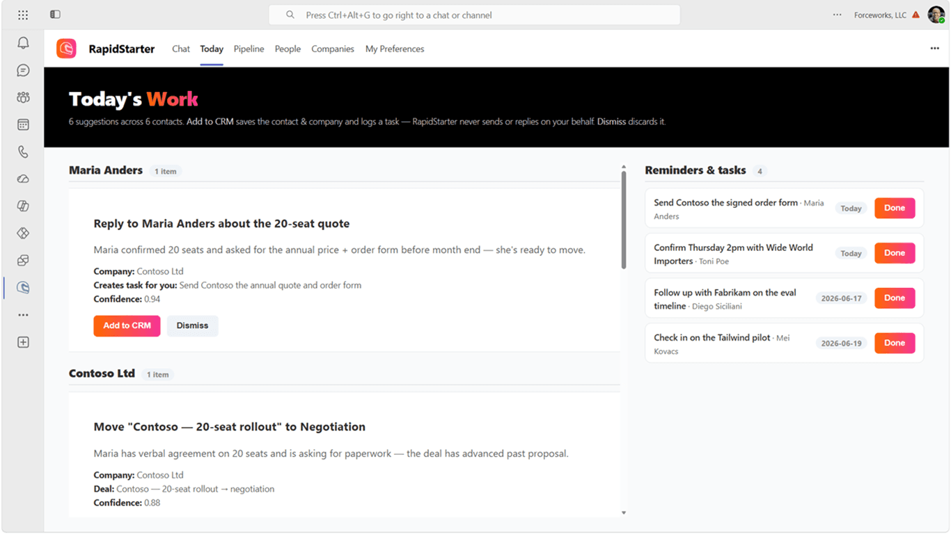 RapidStarter Today view inside Microsoft Teams showing suggested CRM updates and reminders.