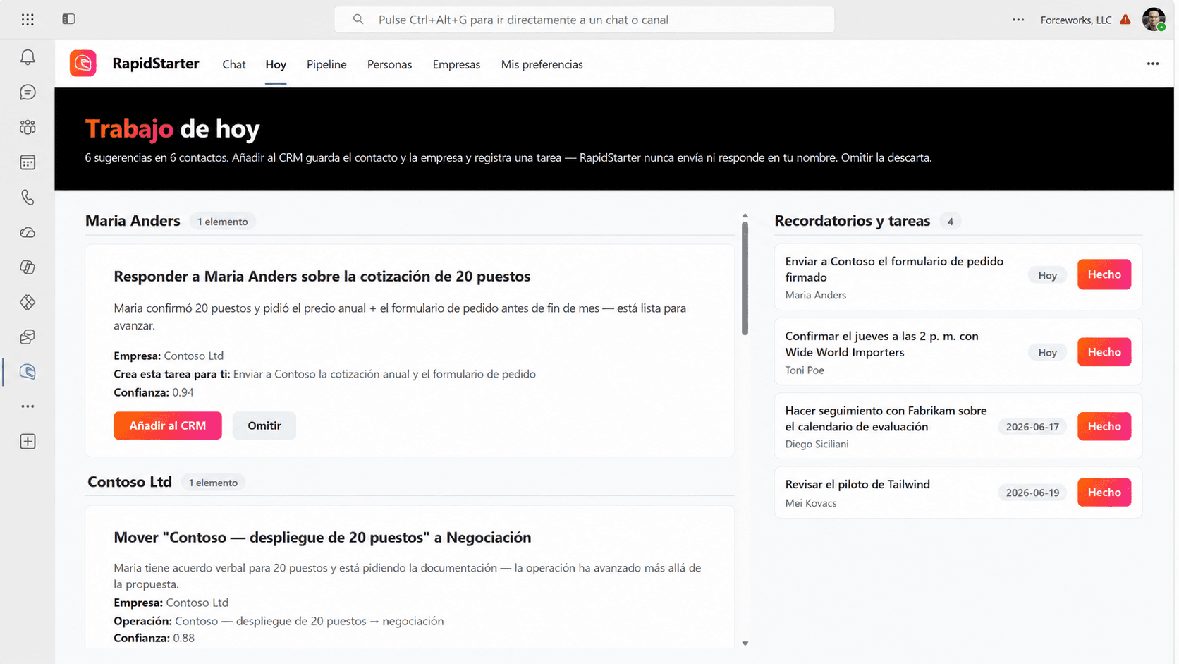 Vista RapidStarter Today dentro de Microsoft Teams que muestra recordatorios y actualizaciones de CRM sugeridas.