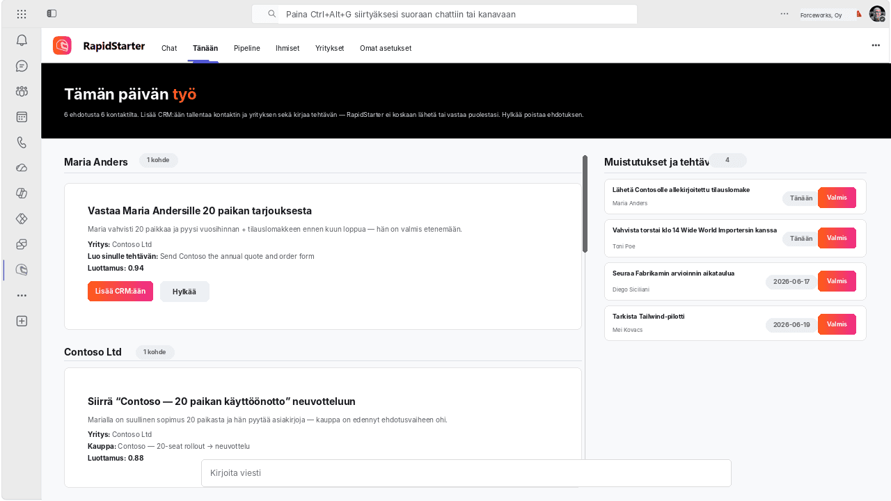 RapidStarter Today -näkymä Microsoft Teamsin sisällä, jossa näkyvät CRM-päivitykset ja muistutukset.
