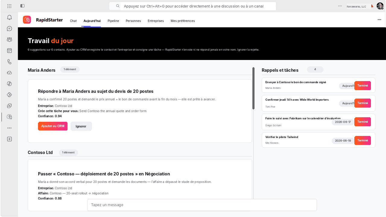 Vue RapidStarter Today dans Microsoft Teams affichant les mises à jour et les rappels CRM suggérés.