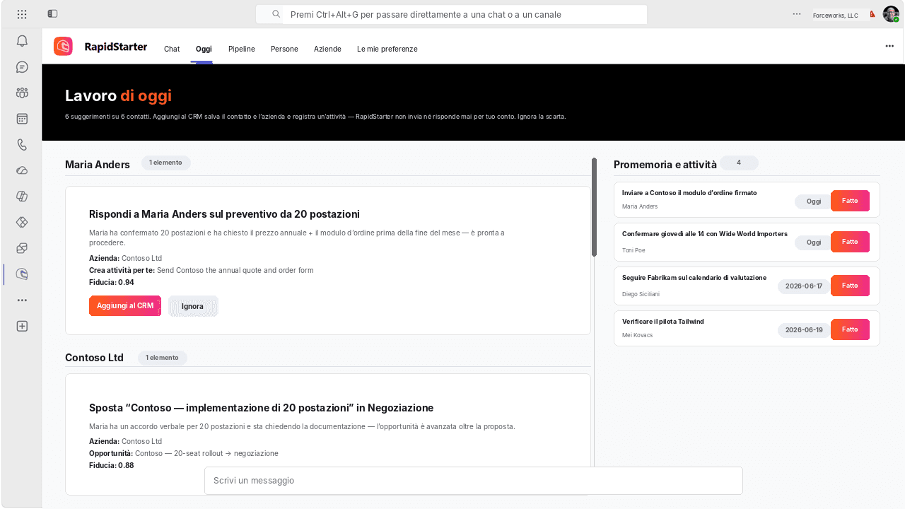 Visualizzazione RapidStarter Oggi all'interno di Microsoft Teams che mostra aggiornamenti e promemoria CRM suggeriti.
