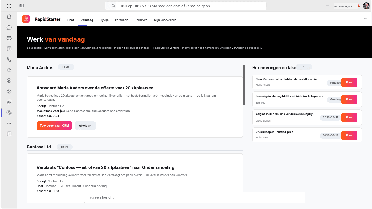 RapidStarter Vandaag-weergave in Microsoft Teams met voorgestelde CRM-updates en herinneringen.