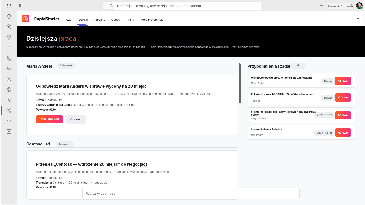 RapidStarter Widok dzisiaj w Microsoft Teams przedstawiający sugerowane aktualizacje i przypomnienia CRM.