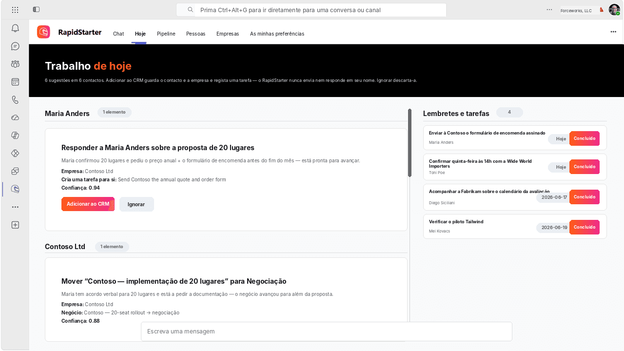 Vista Hoje do RapidStarter dentro do Microsoft Teams mostrando actualizações e lembretes de CRM sugeridos.