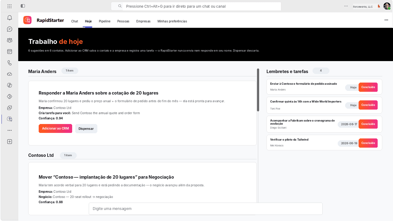 Visualização Hoje do RapidStarter dentro do Microsoft Teams mostrando atualizações e lembretes de CRM sugeridos.
