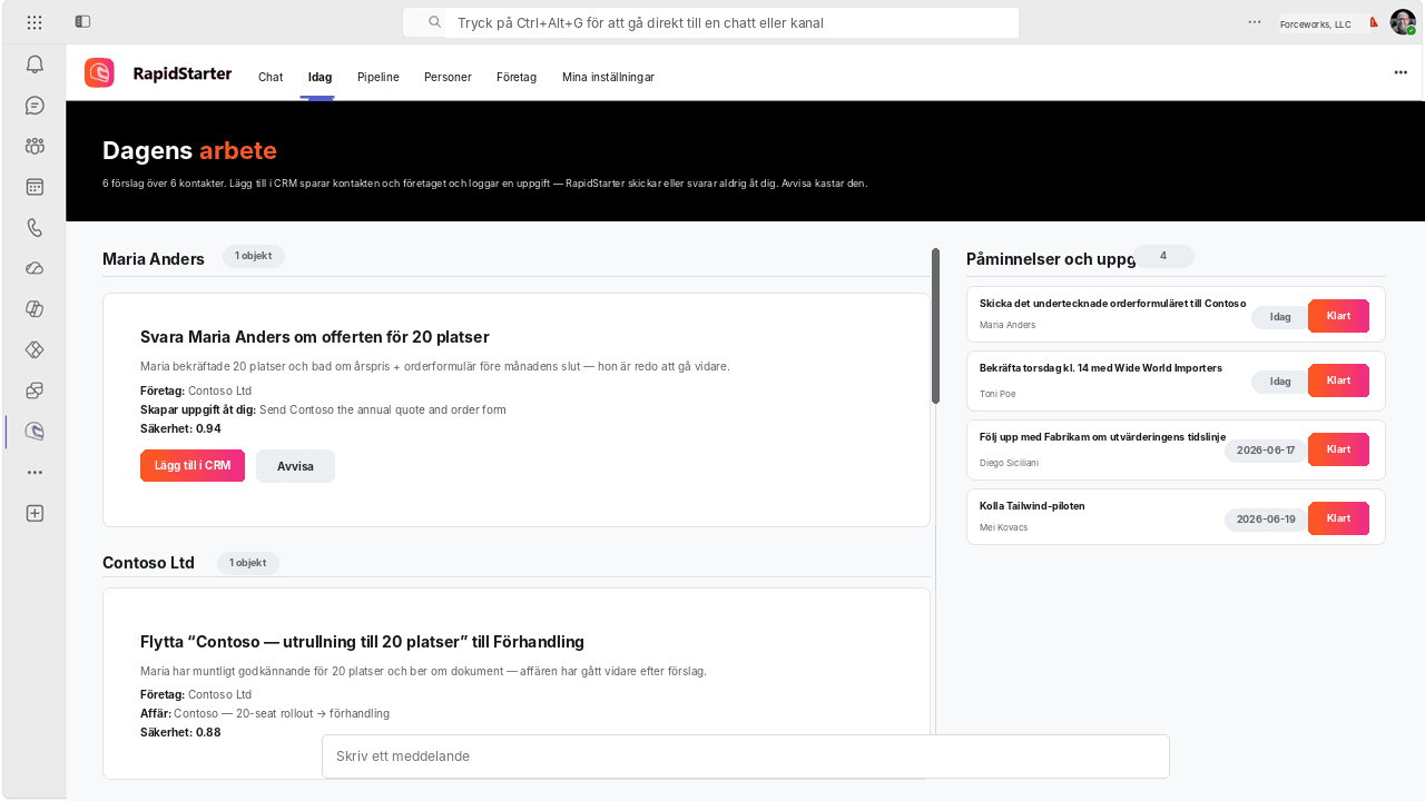 RapidStarter Today-vyn i Microsoft Teams som visar föreslagna CRM-uppdateringar och inminnelser.