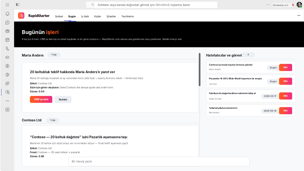 Önerilen CRM güncellemelerini ve hatırlatıcılarını gösteren Microsoft Teams içindeki RapidStarter Bugün görünümü.