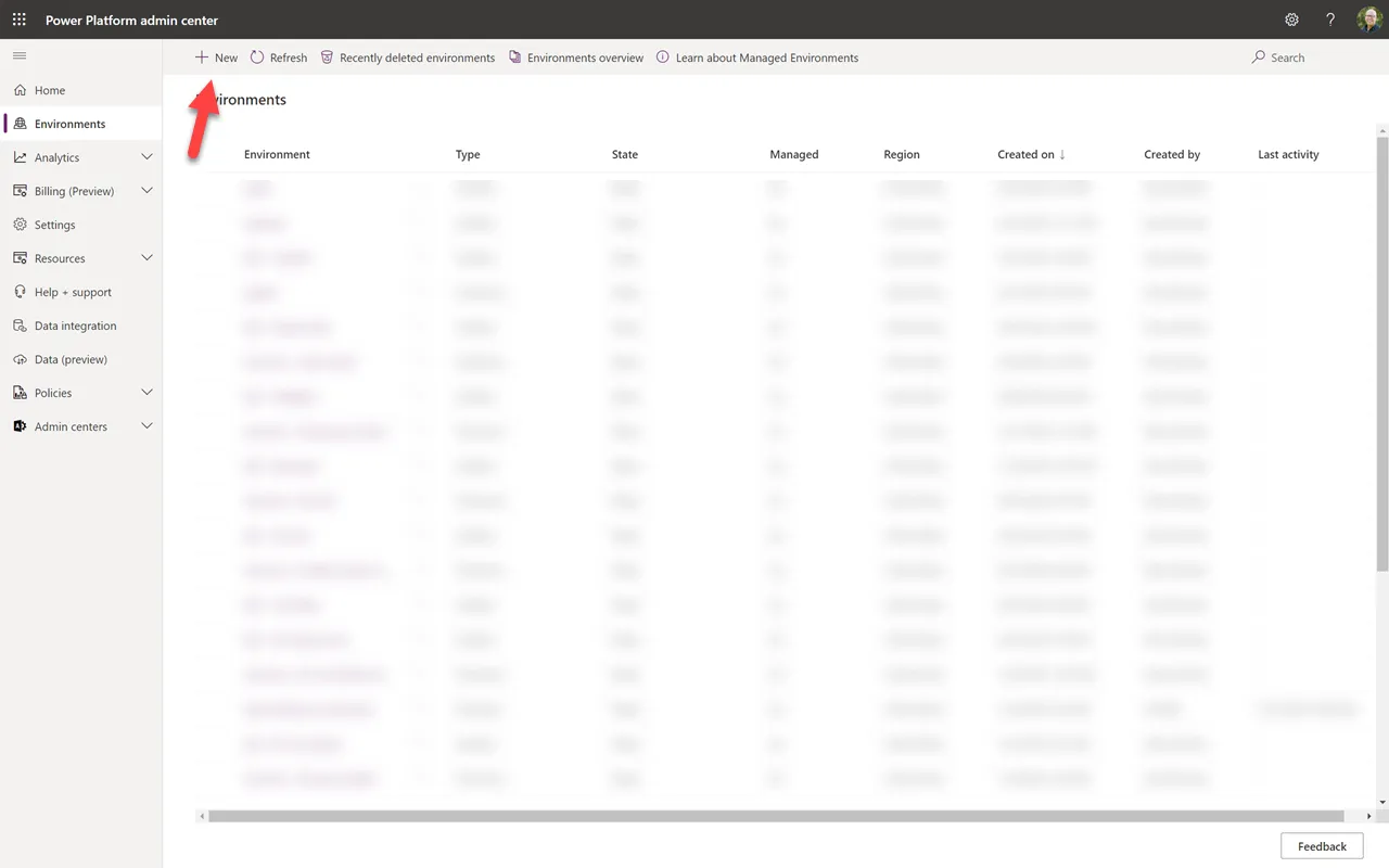 Power Platform Admin Center — Miljöer