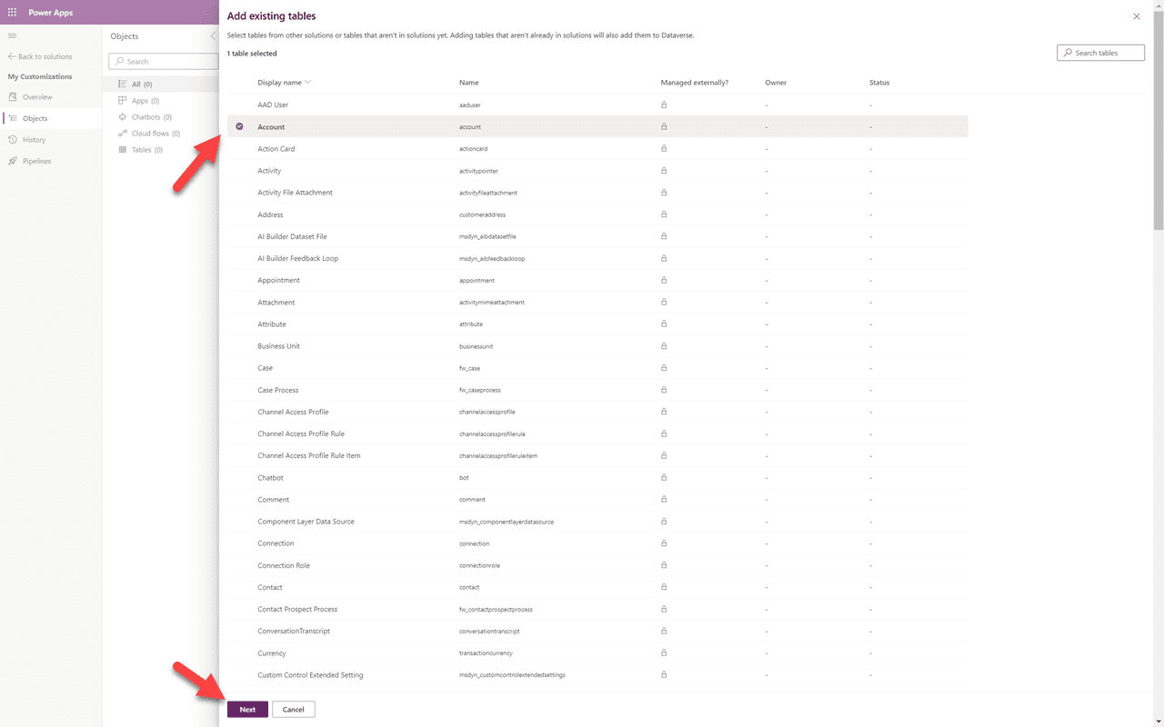 Add existing dropdown — select Table