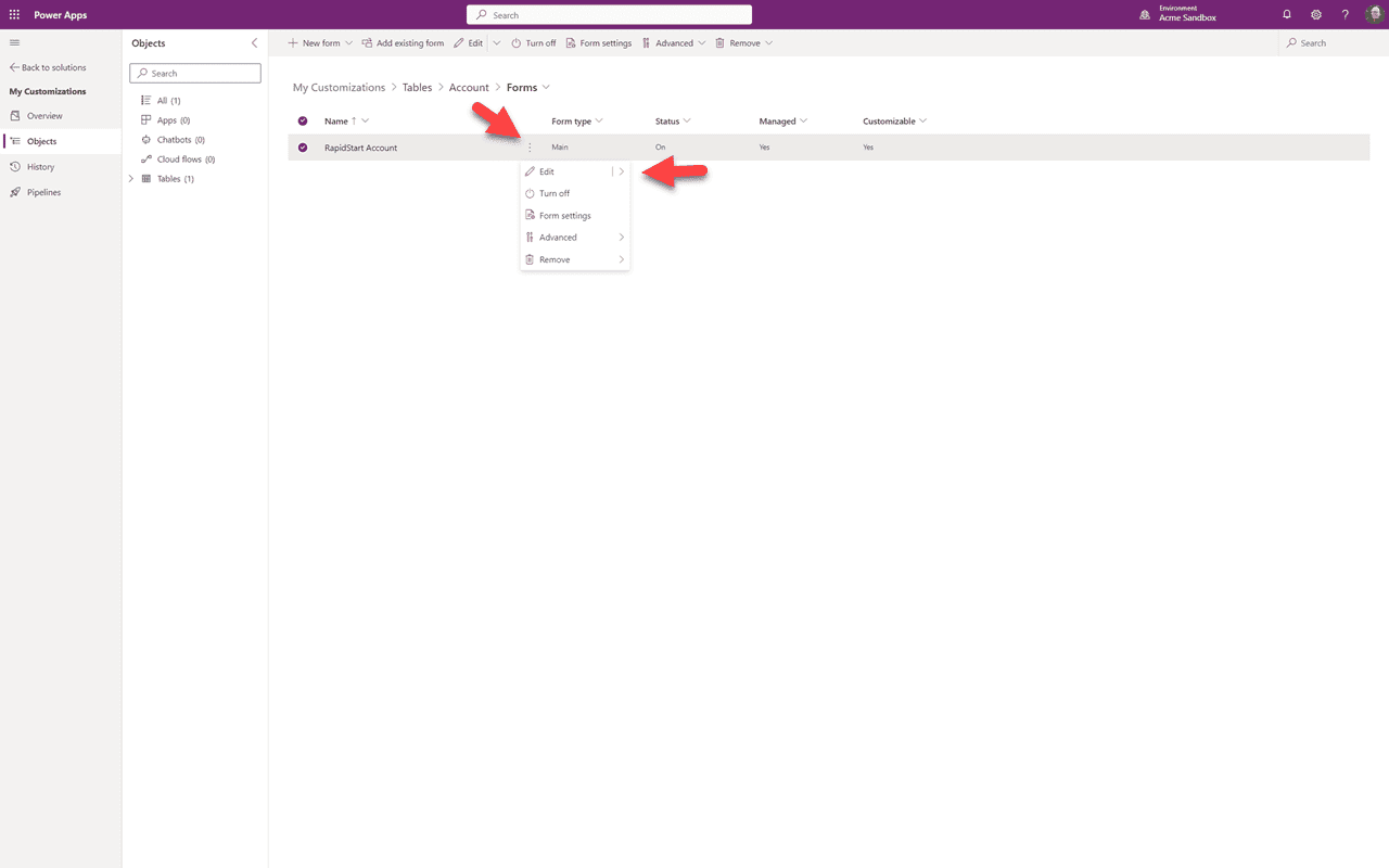 Solution — navigate to Account Forms