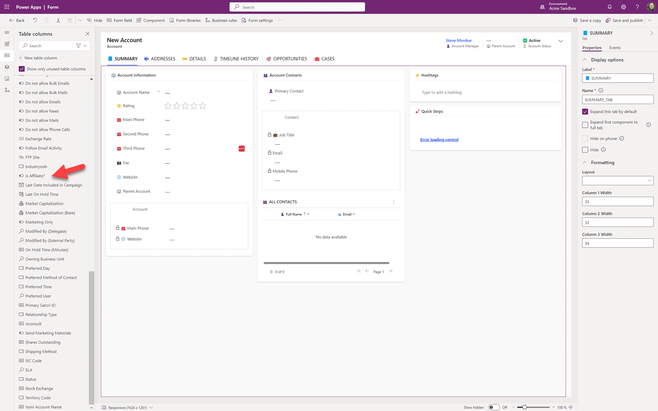 New field dialog — name, data type, and save