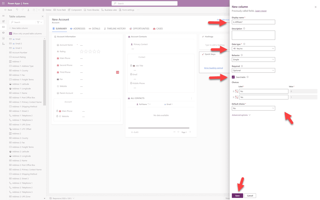 Form design canvas — click Add table column