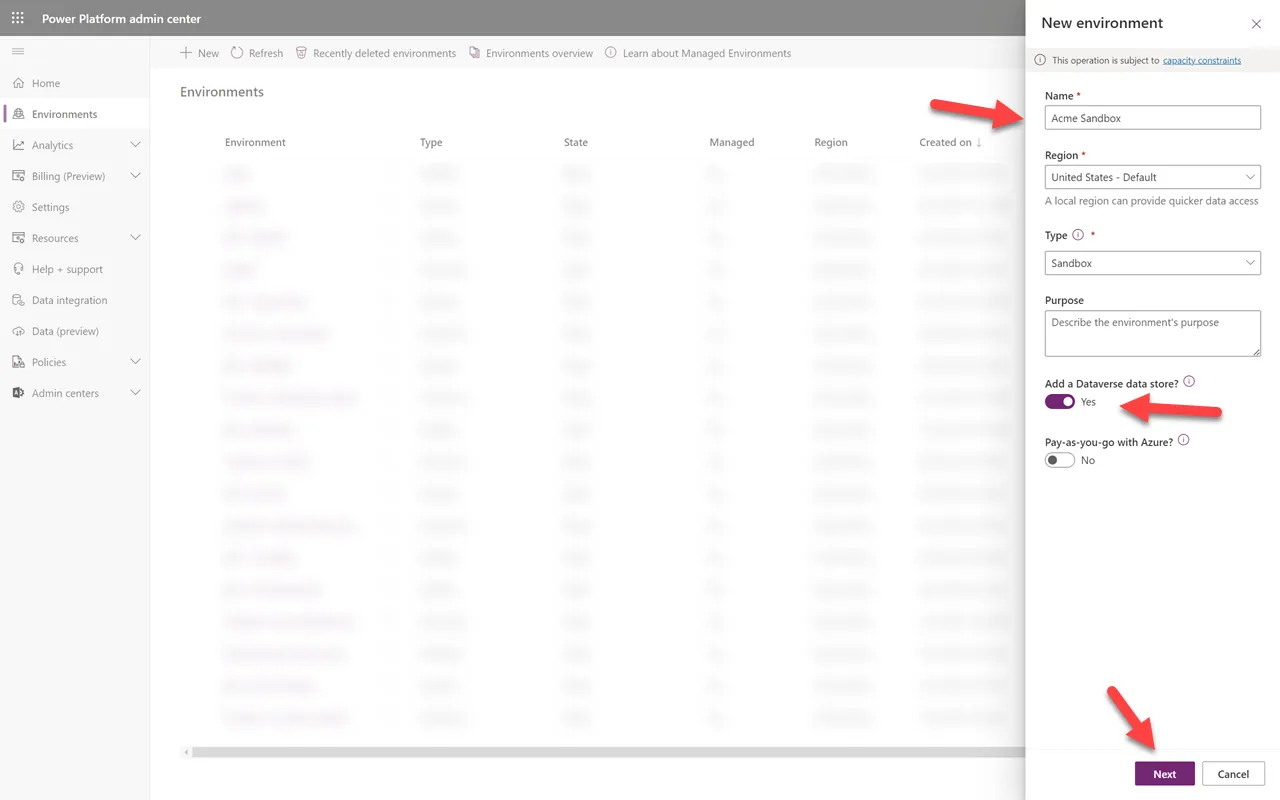 Create new Sandbox environment