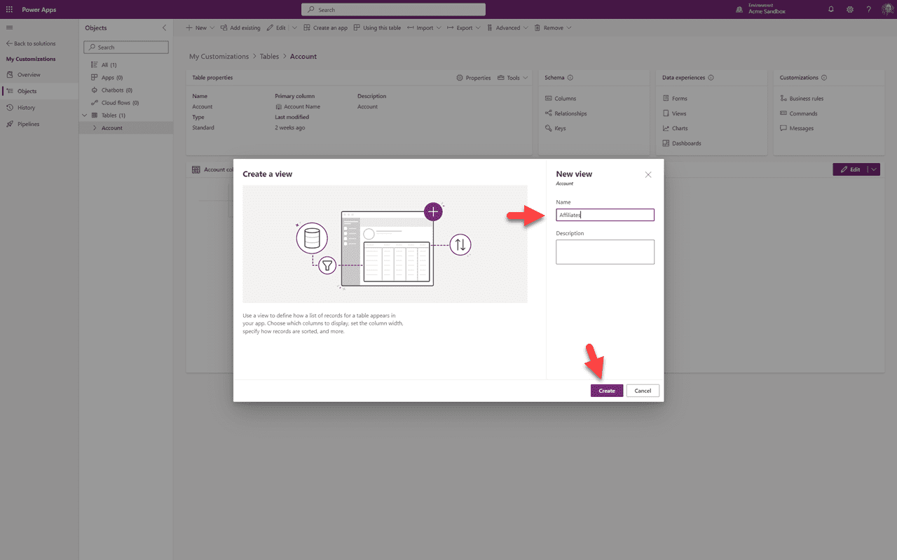Account table — click New then View