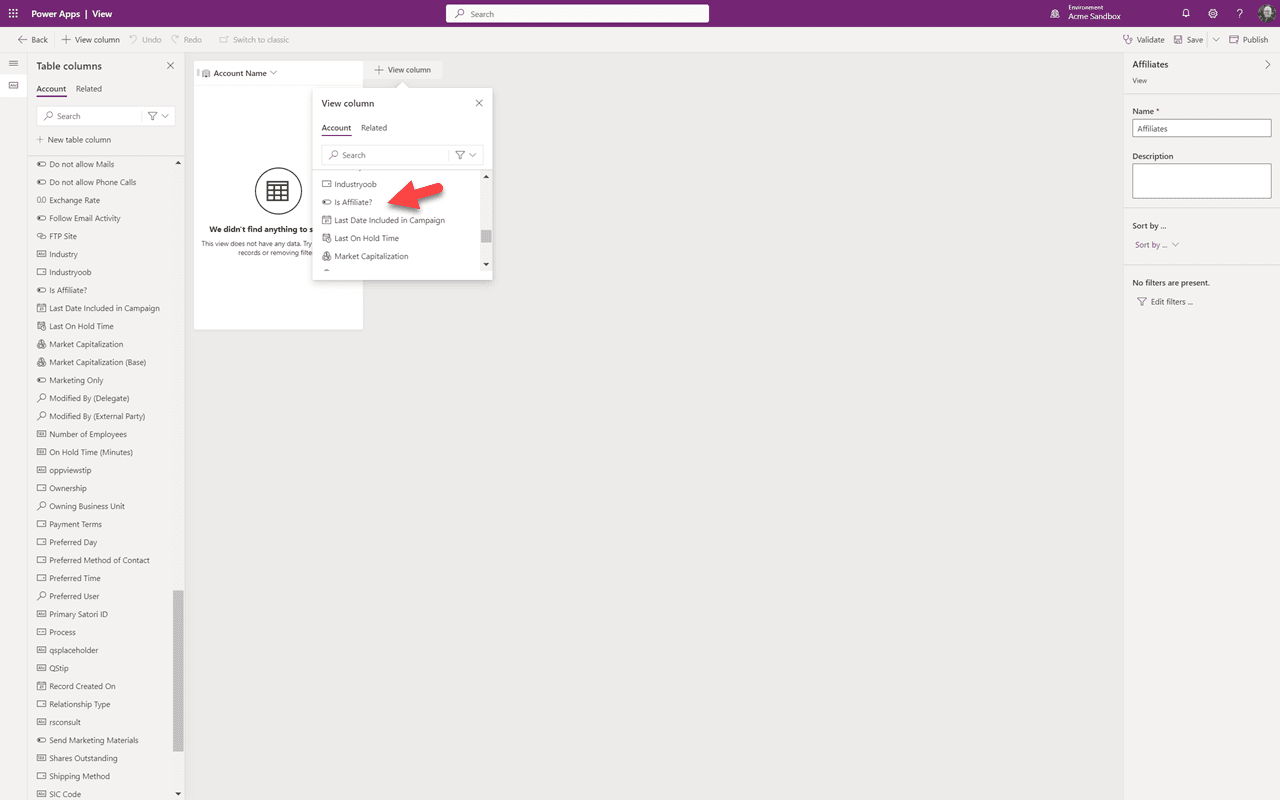View design canvas — click Add View Column