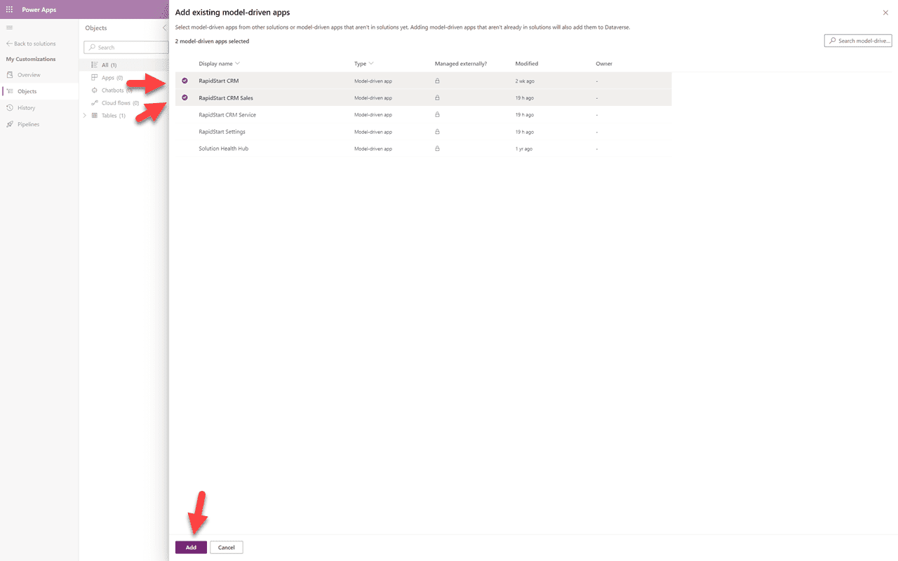 Add existing App — select Model-Driven