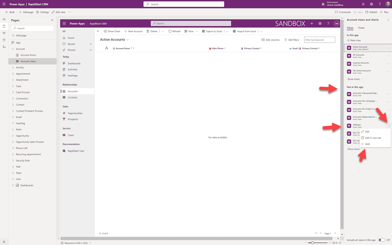 App design canvas — click Account then Account Views