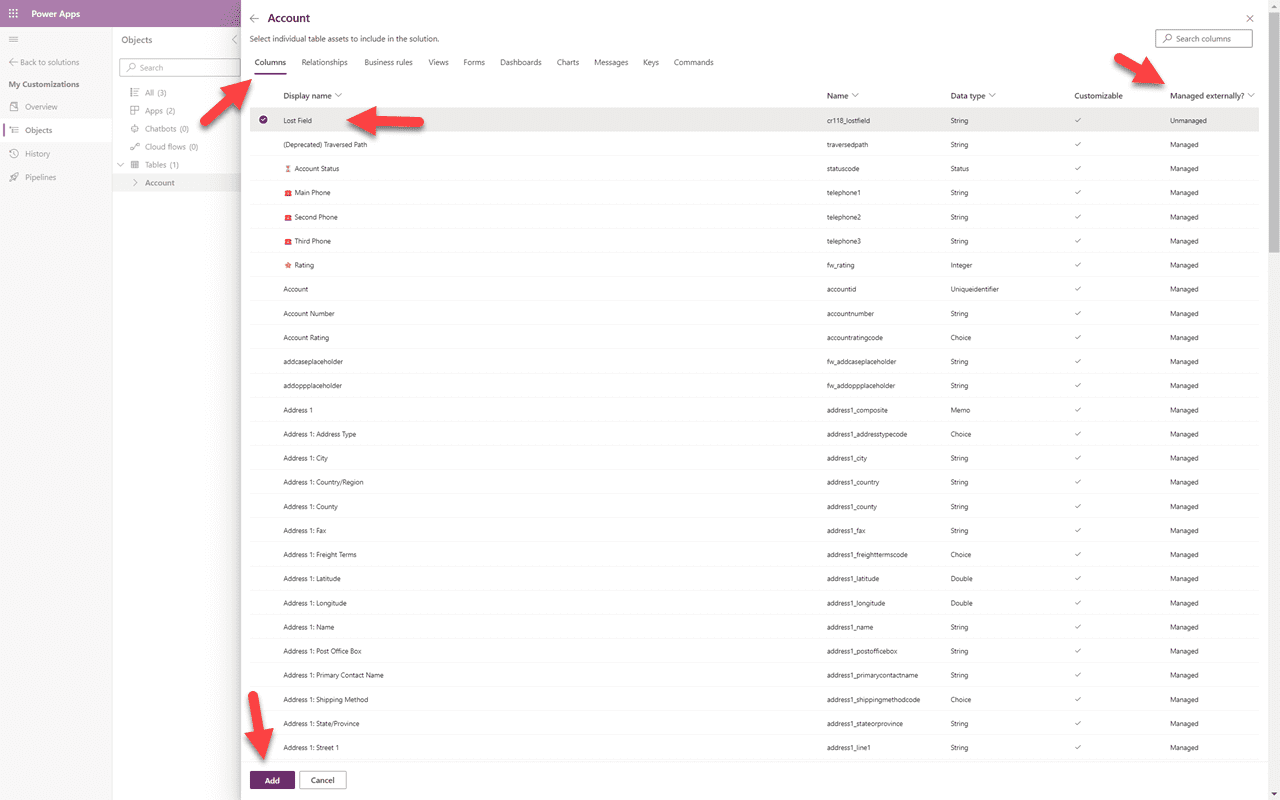 Account object — click Add Existing