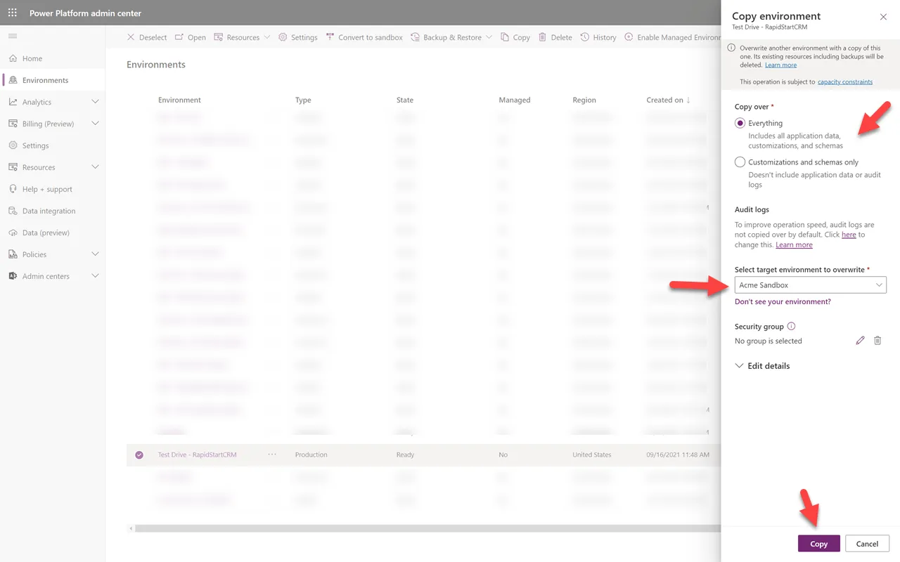Copy production environment to sandbox