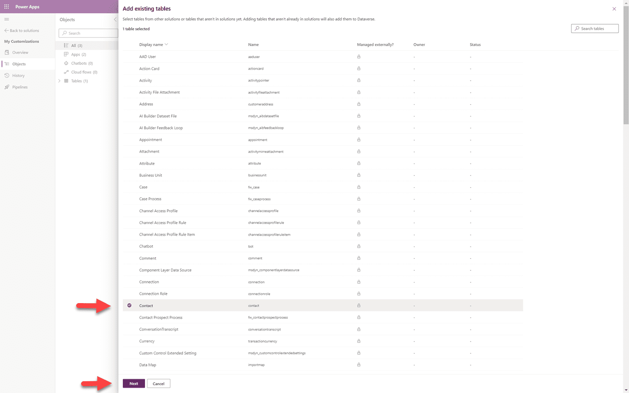 Add Existing — select Table for Contact
