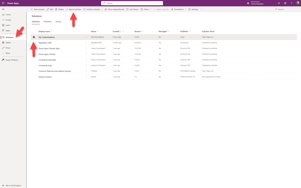 Solutions list — select but don't open My Customizations