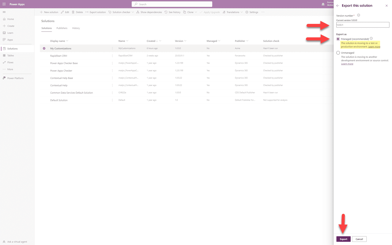Publish then run Solution Checker before exporting