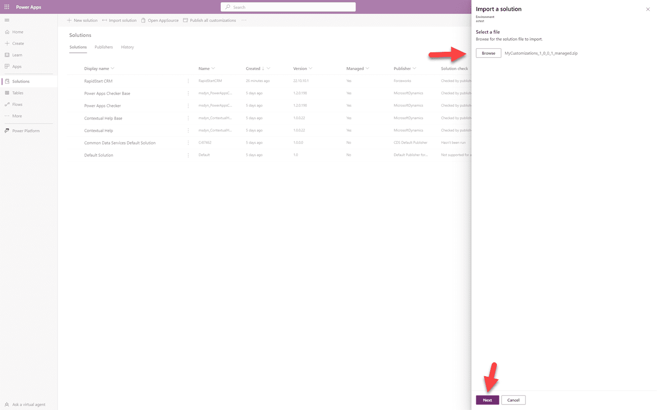 Production environment — click Import Solution