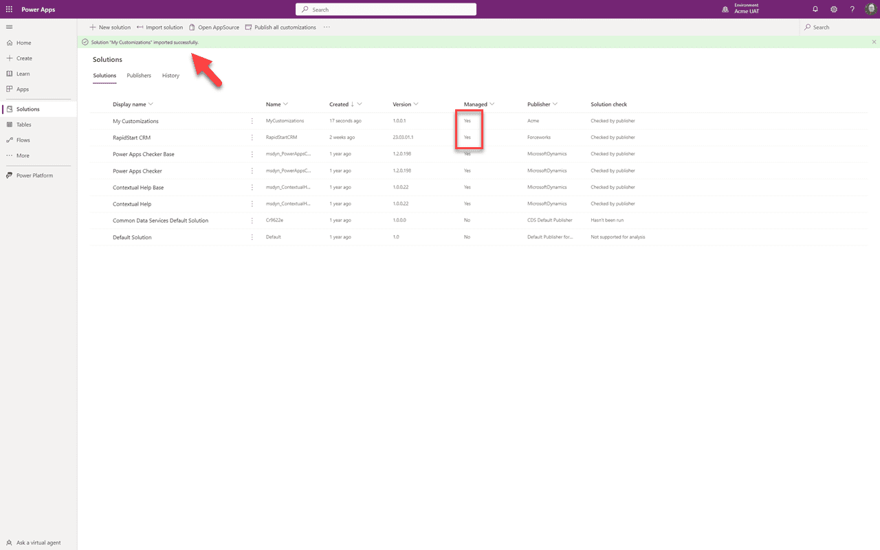 Import success — all solutions now managed