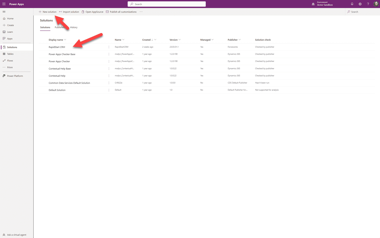 Power Apps — Megoldások listája, amely a RapidStart CRM-et mutatja