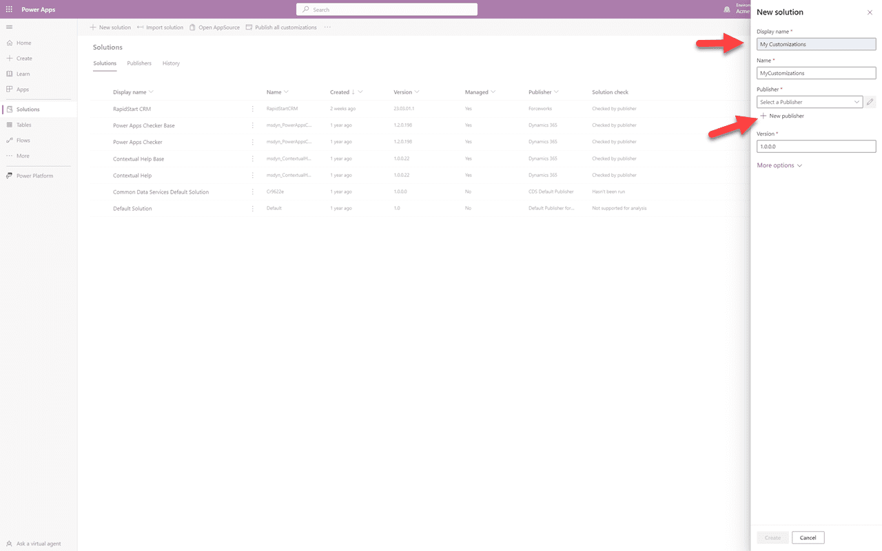 New solution dialog — name and publisher