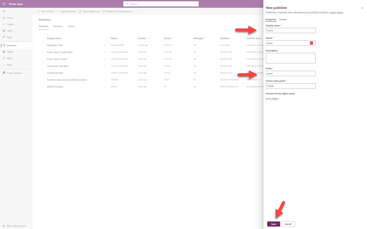 New publisher dialog — name and prefix