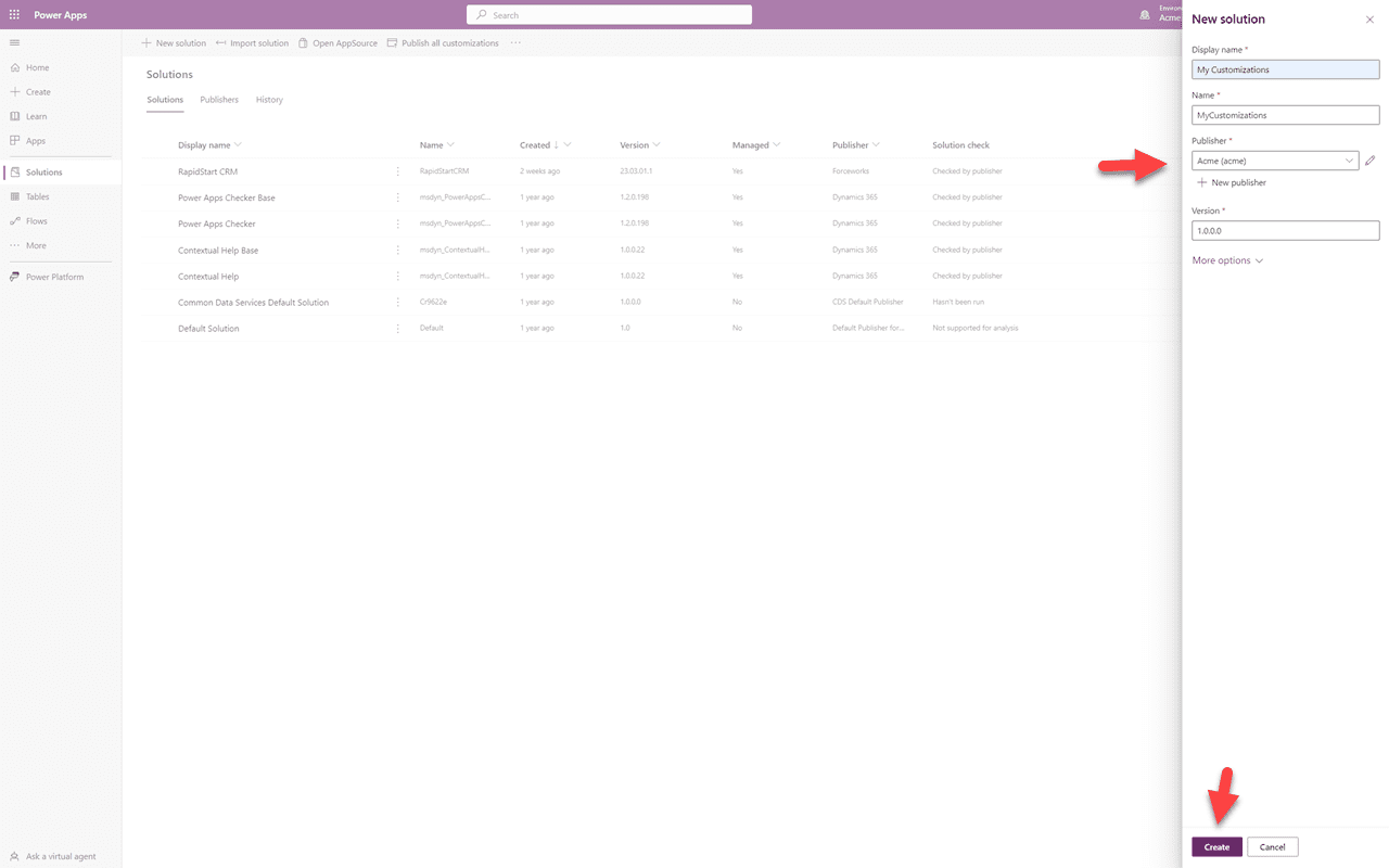 Select publisher and click Create