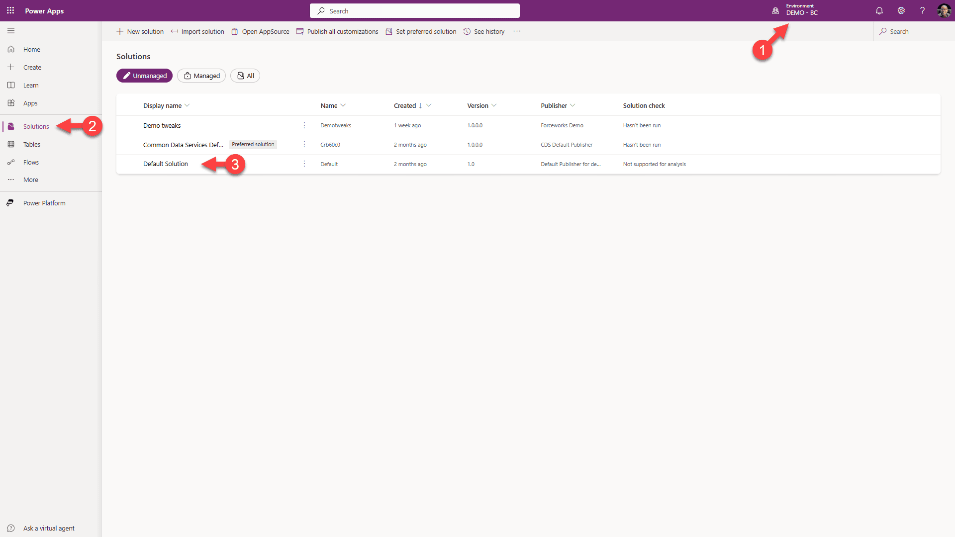 Maker portal - select environment and solutions