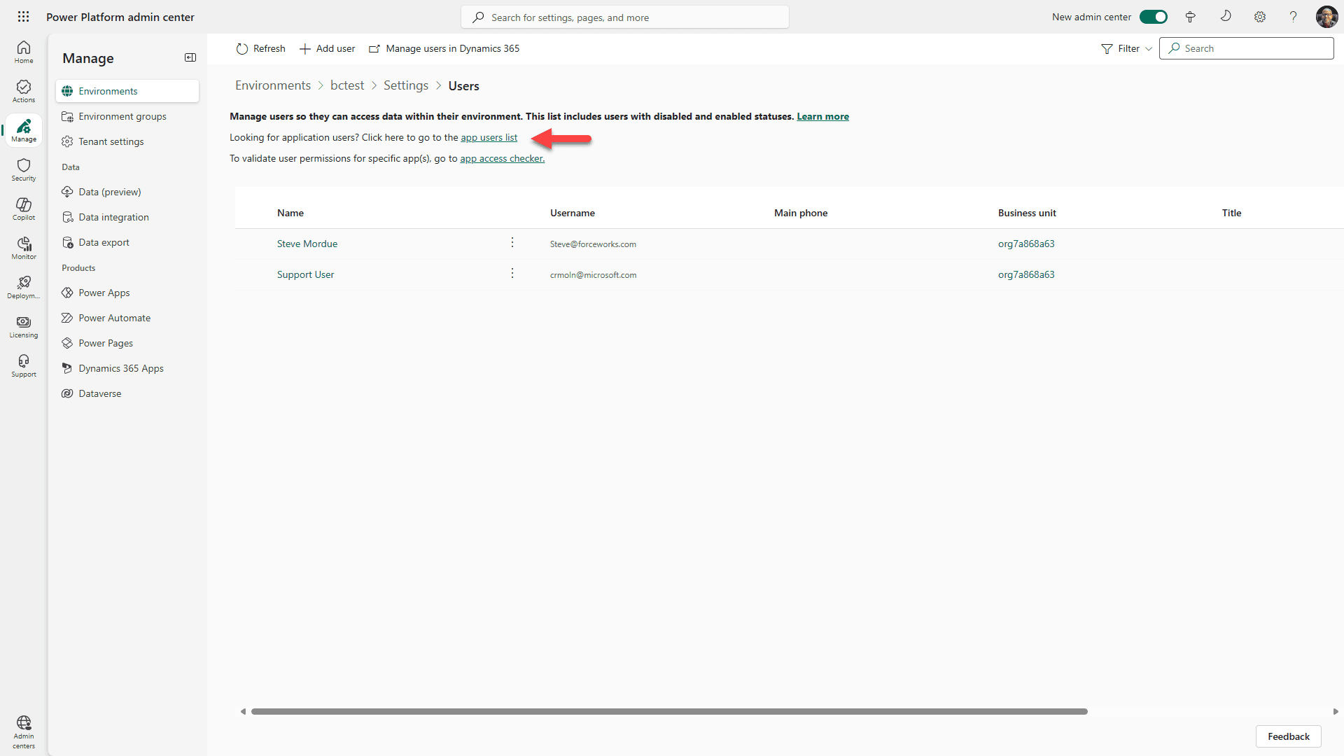 App gebruikerslijst link