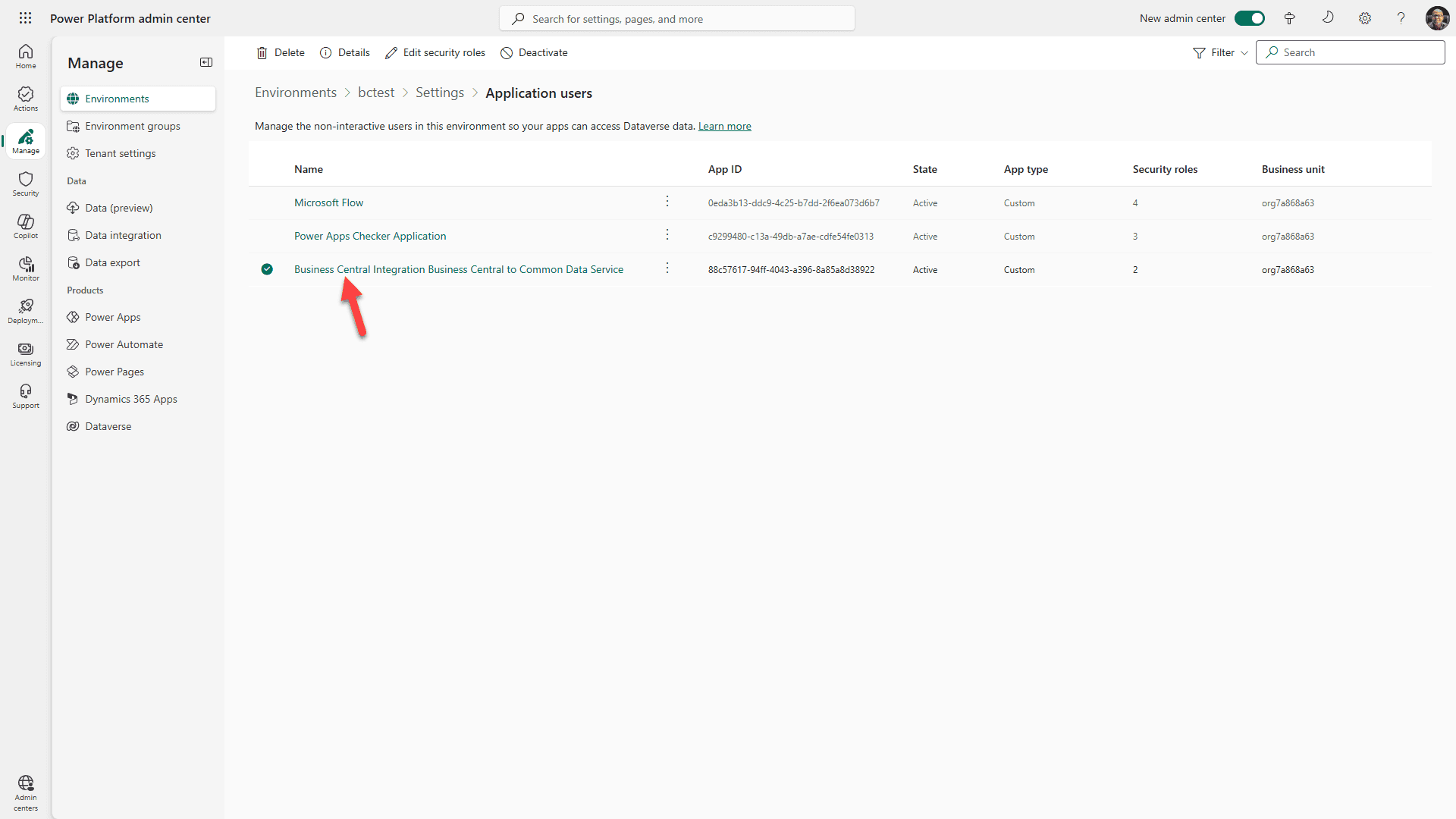Select Business Central app user