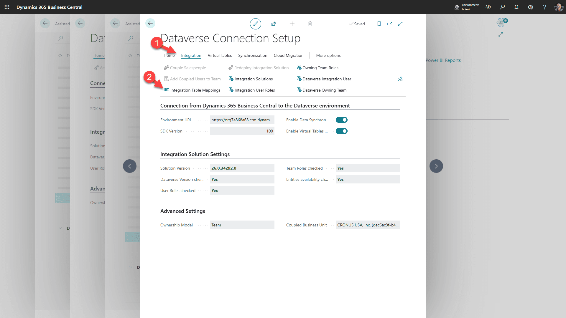 Business Central Integration tab