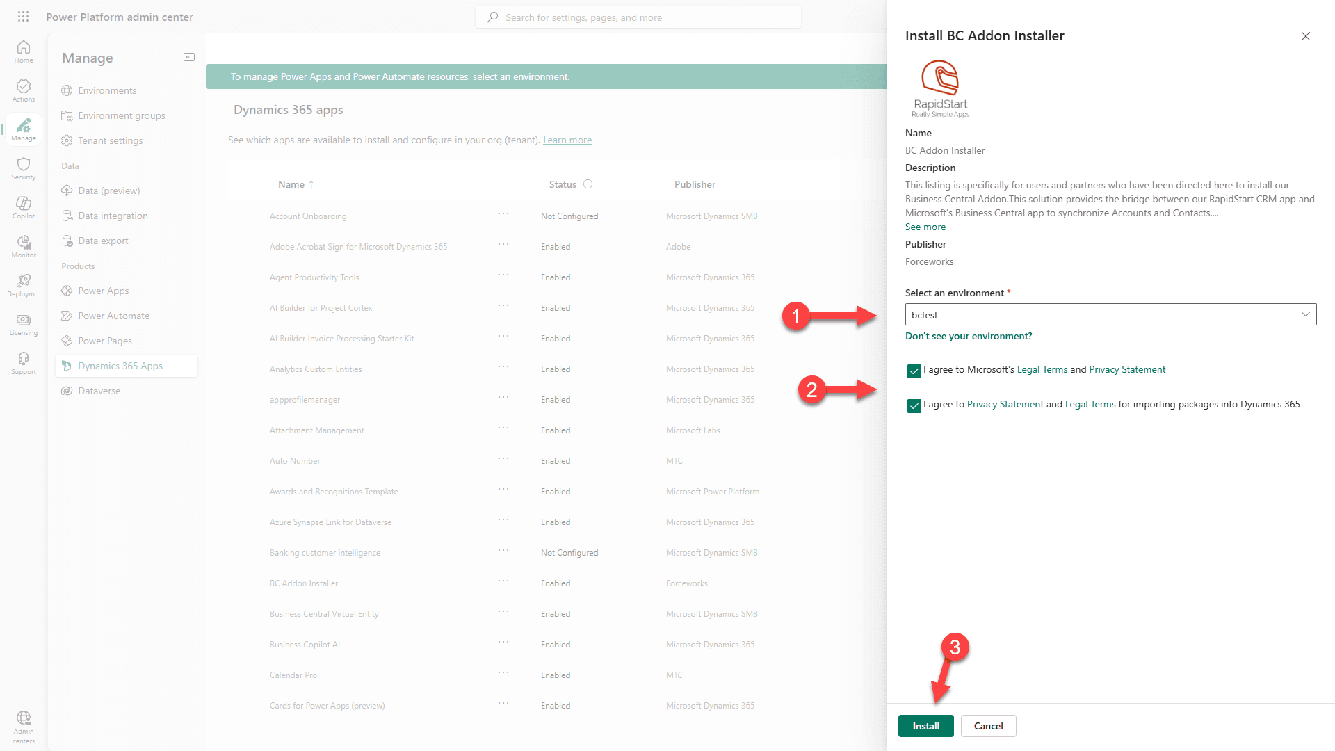 Select environment and install